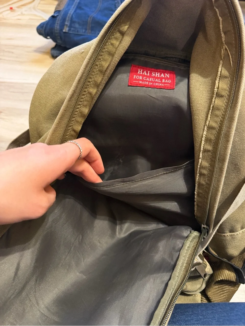 HAISHAN Sport Canvas & Leather Backpack in Olive with Dark Brown Accents